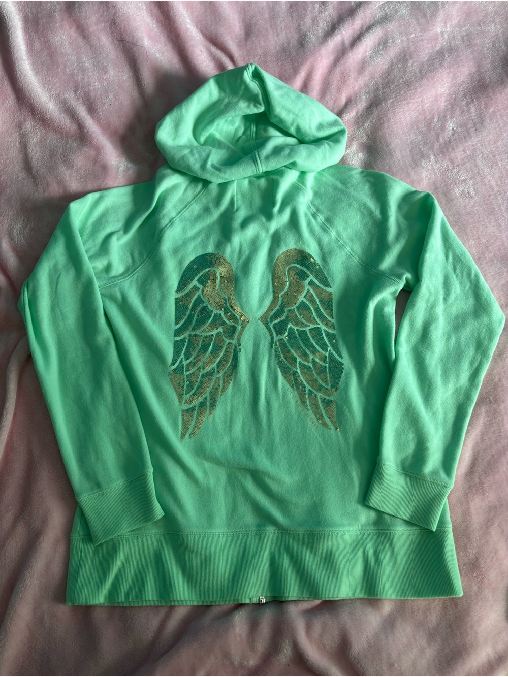 Victoria’s Secret Mint Green Zip-Up Sequin Sparkly Angel Wings Hoodie Large